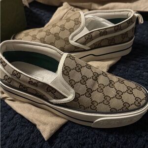 Gucci Tan Monogram Slip-On Loafers